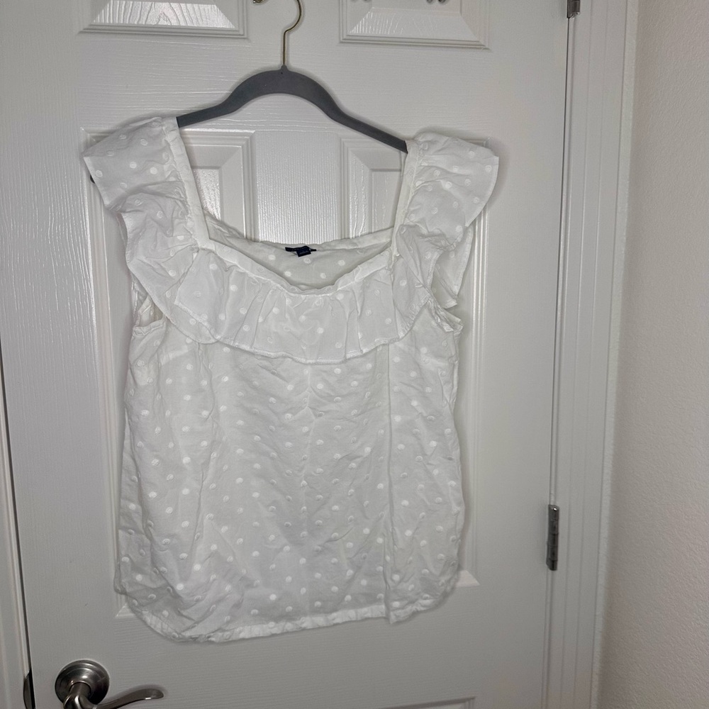Ann Taylor White Swiss Dot Ruffle Blouse L Romantic Feminine Top - Picture 3 of 9
